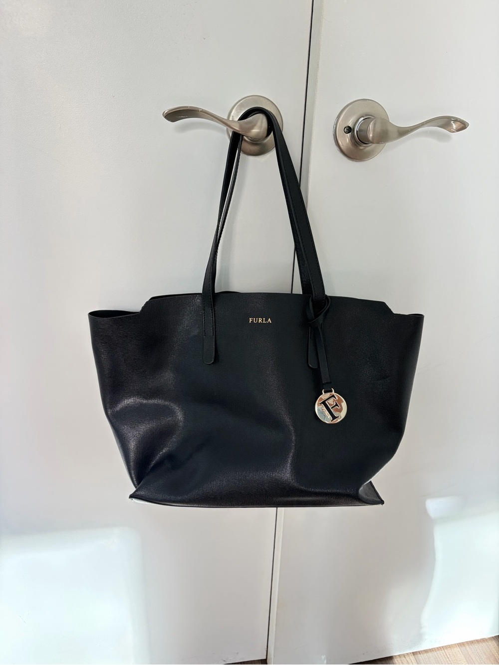 Furla Black Leather Tote with Gold Charm